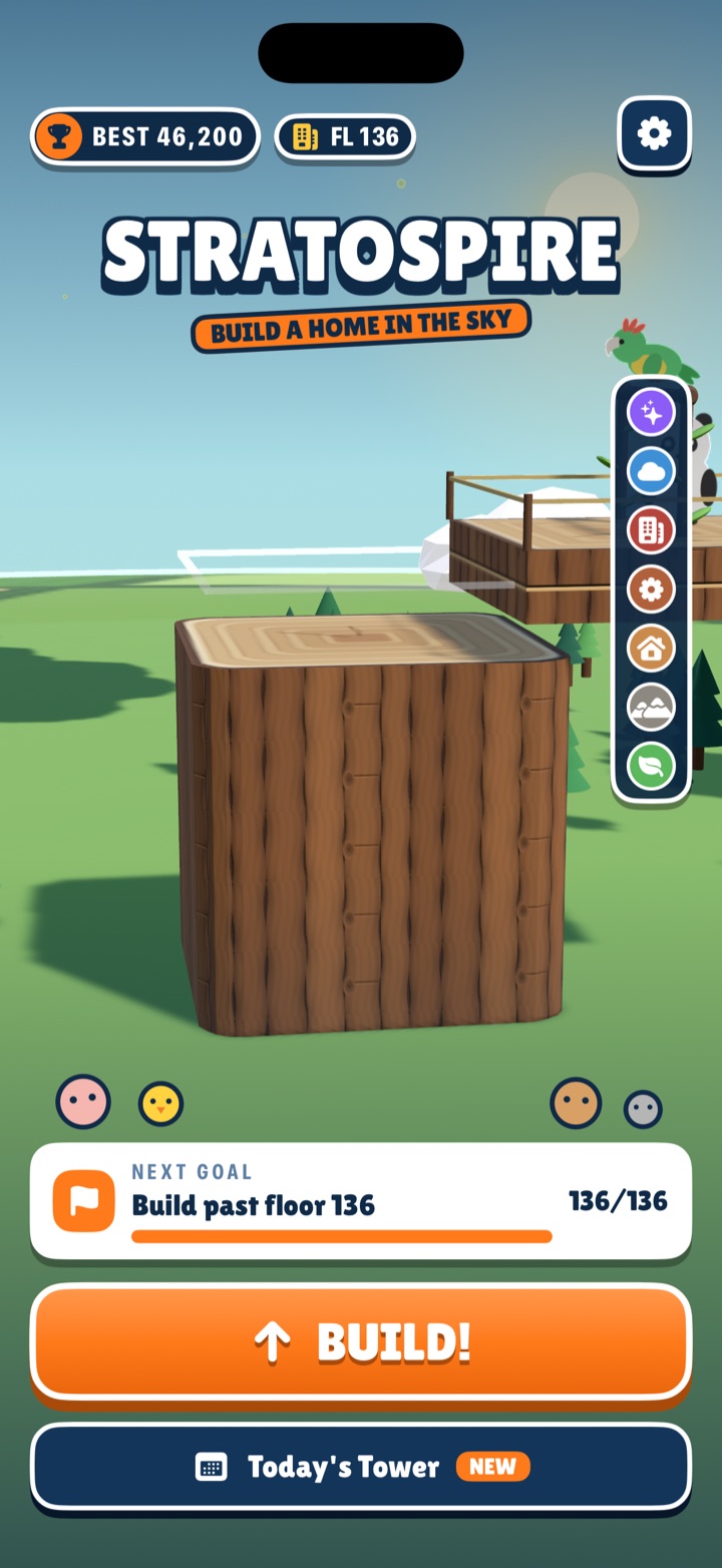 The Stratospire home screen: the sticker logo over a wooden tower, your progress, the next goal, and the orange BUILD! button